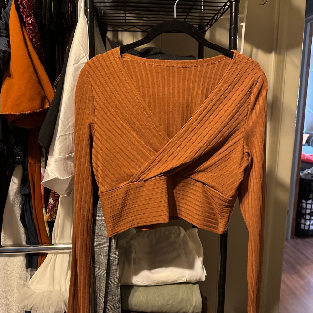Rust Orange Ribbed Wrap Top